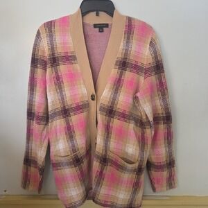 Ann Taylor Woman's Plaid Boyfriend Tonic Button Cardigan Size L PinK Brown